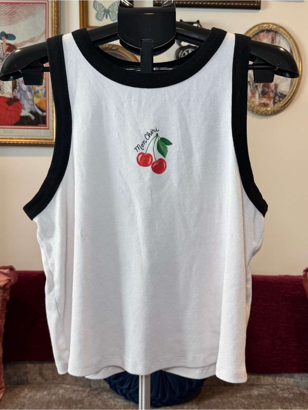 White Tank Top with Black Trim and Cherry Graphic - Mon Cheri Detail